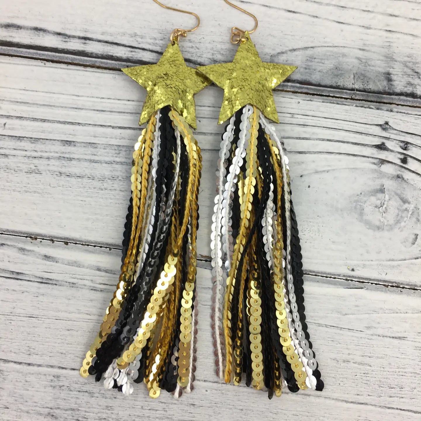SongLily - Black and Gold Star Sequin Tassel Earrings