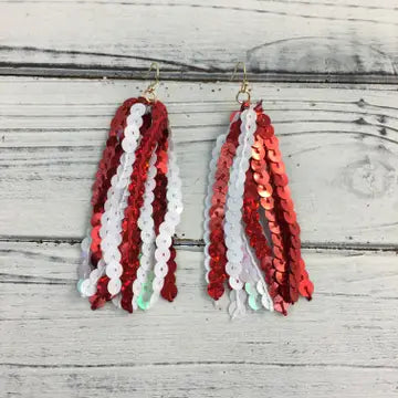 SongLily - Red and White Sequin Tassel Earrings