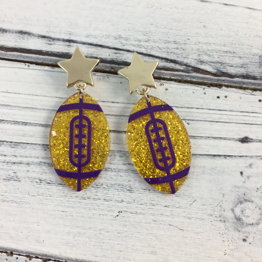SongLily - Purple and Gold Glitter Football Earrings