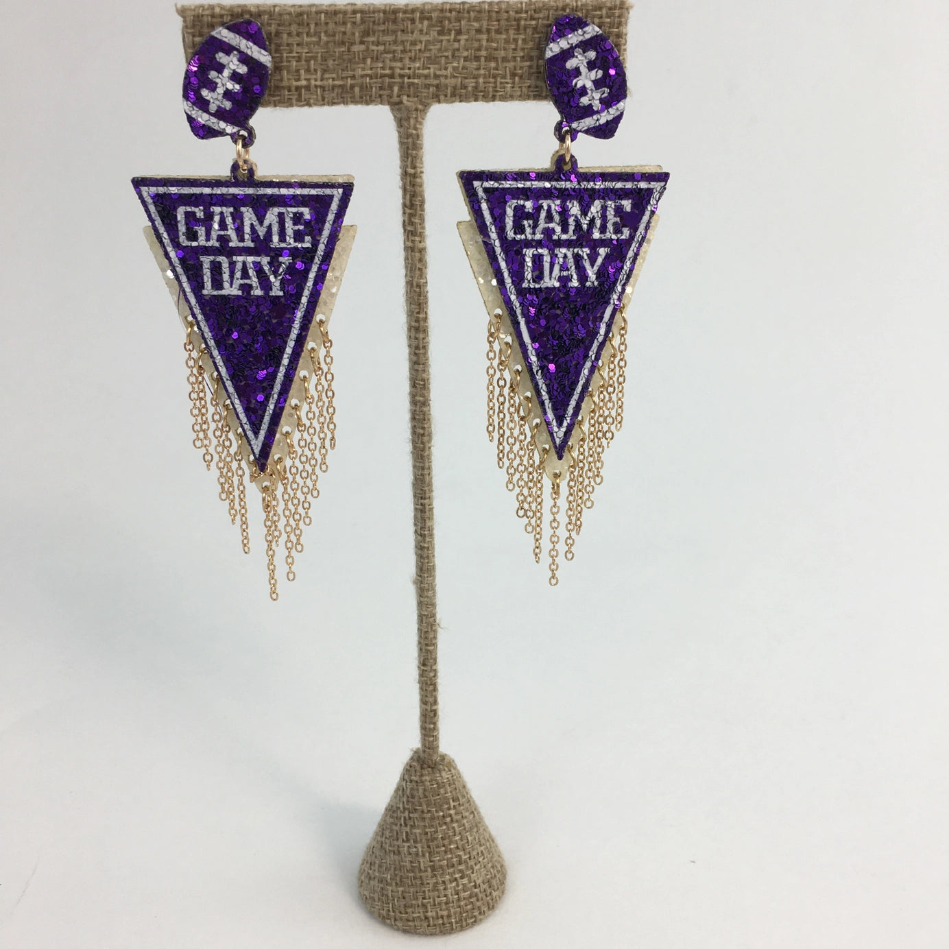 SongLily - Purple and White Glitter Gameday Flag Earrings